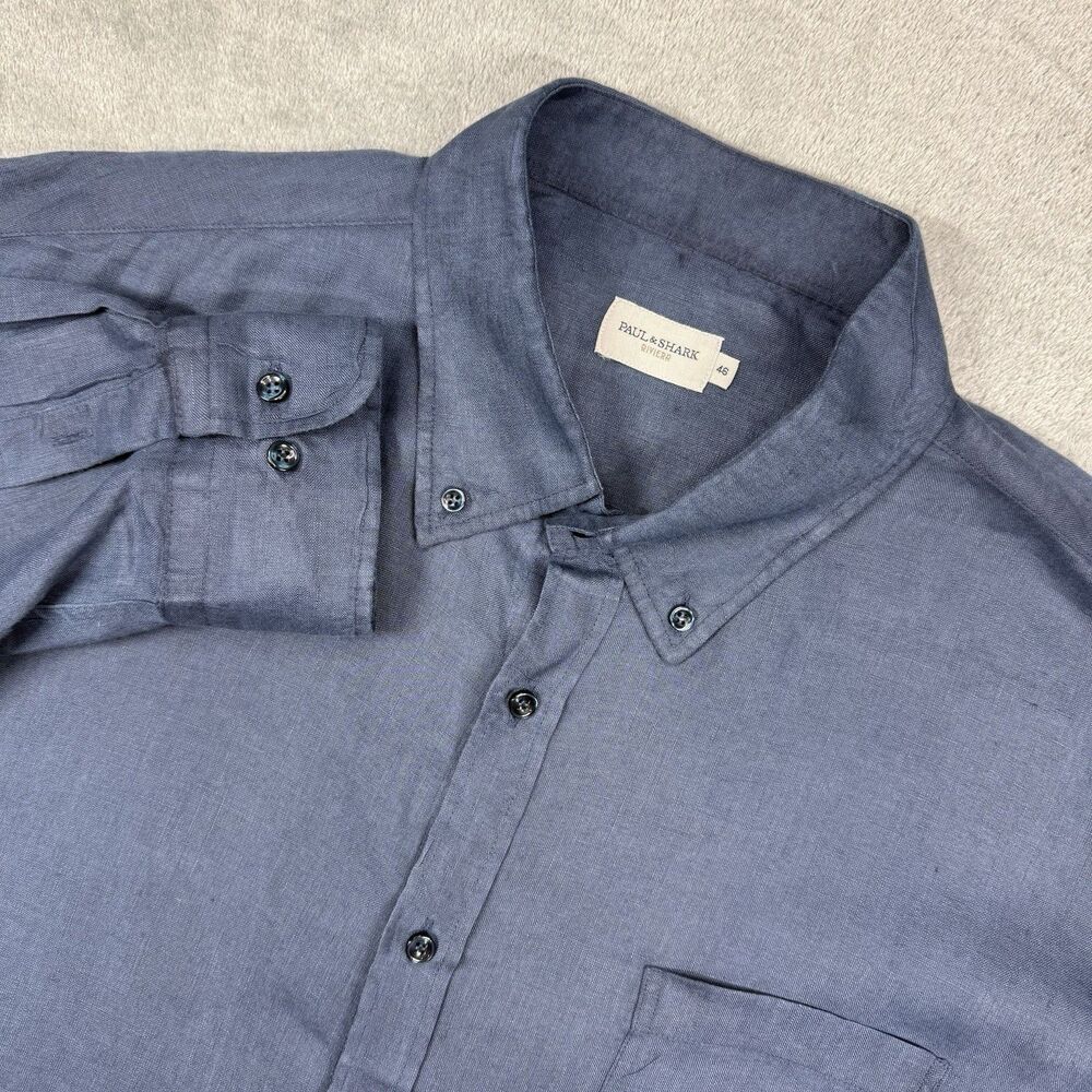 Paul Shark Rivera Button Down Linen Shirt Men's 2XL Blue Long Sleeve